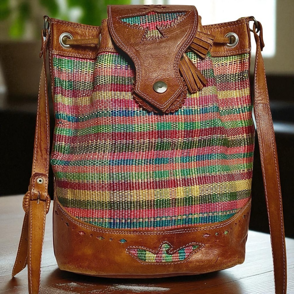 Colorful ethnic handmade woven Leather Bucket Bag